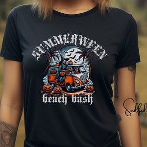 May include: Black t-shirt with a graphic of a vintage van with skeletons driving and pumpkins in the back. The text "Summerween Beach Bash" is printed on the shirt.