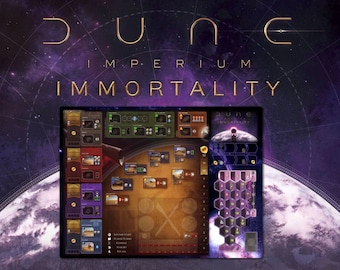 May include: A board game titled "Dune: Imperium - Immortality" with a purple and gold color scheme. The game board features various sections for gameplay, with the title text prominently displayed against a cosmic background.