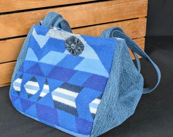 Shoulder bag created from repurposed wool blanket and upcycled denim.