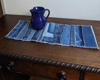 Upcycled Denim Table Runner with cotton floral back