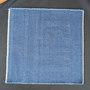 Pu&ograve; includere: Un campione di tessuto quadrato blu denim con un bordo sfilacciato. Il tessuto ha un aspetto strutturato e un colore blu medio. I bordi sono rifiniti con un bordo bianco e un bordo sfilacciato.