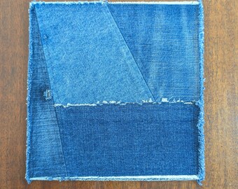 Patchwork Denim Table Runner, Trivet, made from repurposed blue jeans.
