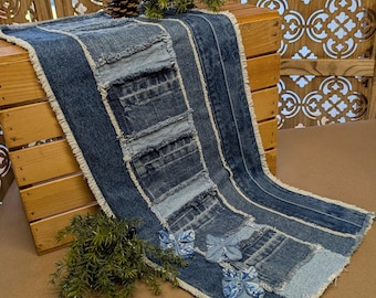Patchwork Denim Table Runner made from Repurposed Blue Jeans with Denim & Cotton Embellishments
