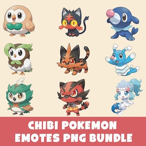 May include: A collection of nine chibi-style Pokemon characters in various poses. The characters include owls, cats, and a seal, each with unique color schemes. The image has a light beige background with the text "CHIBI POKEMON EMOTES PNG BUNDLE" in a red banner.
