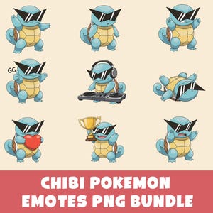 Cool Squirtle Squad Sunglasses Pokemon Emotes PNG Bundle Stickers Chibi Cute Kawaii Clipart, Digital Download Anime Printable PNG