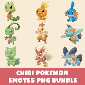 May include: Nine cartoon Pokemon characters in a chibi style, in various poses and colours. The characters include green, orange, and blue creatures. The text at the bottom reads "CHIBI POKEMON EMOTES PNG BUNDLE."