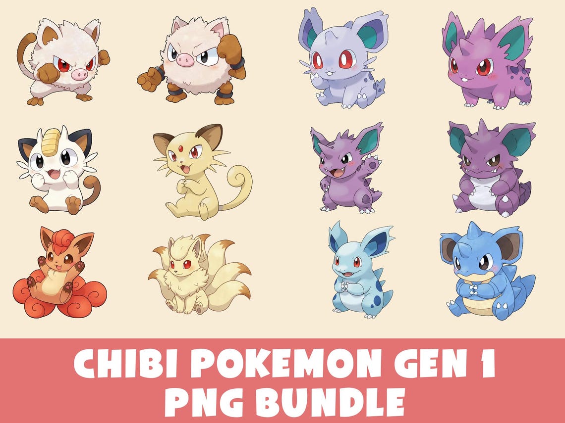 Pokémon Gen 1 Kanto, Vulpix, Meowth, Nidoking, Nidoqueen Etc, 12 Chibi ...