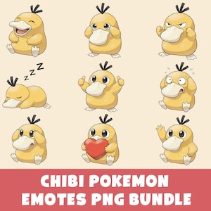 May include: A collection of nine yellow cartoon Psyduck characters in various poses and expressions. The image includes text that reads "Chibi Pokemon Emotes PNG Bundle" in white letters on a red background.