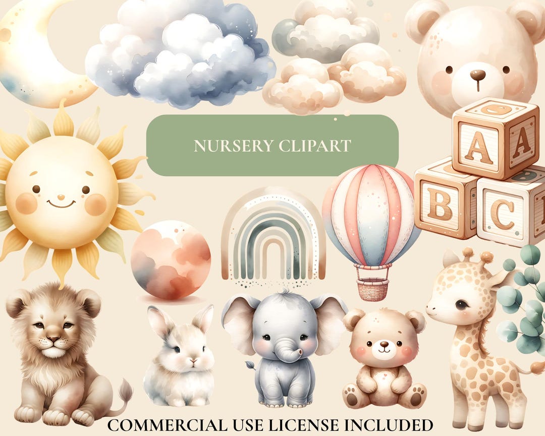 Watercolor Baby Animal Clipart Bundle, Neutral Nursery Art (commercial ...
