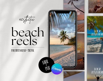May include: A set of 9 Instagram and TikTok story templates featuring beach scenes with palm trees, blue water, and white sand. The text "YOUR TEXT HERE" is included in several of the templates. The templates are designed for use with Canva and are labeled "MRR + PLR".