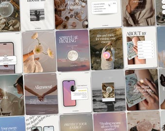 Modelli Instagram spirituali per coach del benessere e olistici, post sui social media per la guarigione energetica, pacchetto Canva sulla spiritualità, tarocchi Reiki e Chakra.