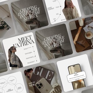 Peut inclure: Une collection de graphiques pour les médias sociaux avec une esthétique minimaliste. Les graphiques présentent du texte dans une police sans empattement, avec une palette de couleurs neutres de blanc, noir et beige. Les graphiques incluent du texte tel que "Meet Katrina", "Créer des stories Instagram interactives", "Planifier votre contenu" et "Bon contenu".
