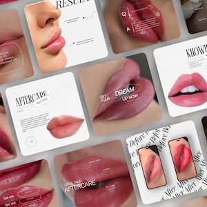 May include: A collage of images promoting lip blush services. The images show close-ups of lips with different shades of pink and red, before and after photos, and text that reads "Get Your Dream Lip Now", "Knowing Matters", and "Aftercare Matters".