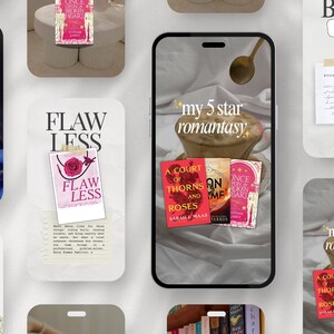 May include: A smartphone displays a book review with the text "my 5 star romantasy" above a stack of three books. The book covers are red, pink, and white with titles like "A Court of Thorns and Roses".