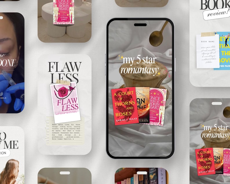 May include: A smartphone displays a book review with the text "my 5 star romantasy" above a stack of three books. The book covers are red, pink, and white with titles like "A Court of Thorns and Roses".