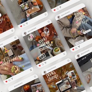 May include: A collection of social media post templates featuring various lifestyle imagery including coffee, pastries, autumn foliage, and cameras. Each square template includes placeholder text like Weekly Whimsy, Spooky Hobbies, and Photo Dump with star icons.