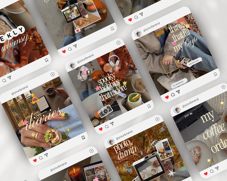 May include: A collection of social media post templates featuring various lifestyle imagery including coffee, pastries, autumn foliage, and cameras. Each square template includes placeholder text like Weekly Whimsy, Spooky Hobbies, and Photo Dump with star icons.