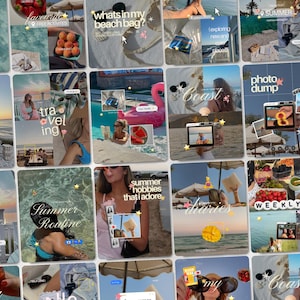 Könnte beinhalten: Eine Collage von Bildern zum Thema Sommer, darunter Fotos von Stränden, Essen und Menschen. Textüberlagerungen enthalten Sätze wie "Summer Routine", "Photo Dump" und "What's in my beach bag?" Die Bilder sind in einem Raster angeordnet.