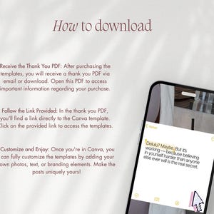May include: A smartphone displays a note with the text "Delulu? Maybe. But it's working&mdash;because believing in yourself harder than anyone else ever will is the real secret." Instructions on how to download templates are also visible.
