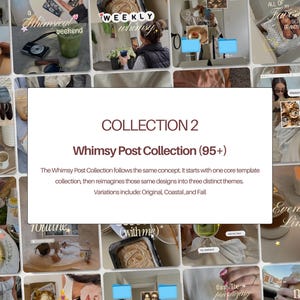 Op de afbeelding: Een digitale collectie van social media sjablonen getiteld COLLECTION 2 Whimsy Post Collection (95+). De weergave bevat een raster van diverse lifestyle-afbeeldingen, waaronder eten, drinken en dagelijkse activiteiten, bedekt met tekst en grafische elementen.