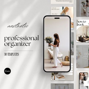 May include: Aesthetic professional organizer templates displayed on a white background. The image features a smartphone with a woman holding flowers, surrounded by other design templates. The text includes "aesthetic professional organizer" and "30 templates".
