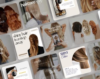 May include: A collection of social media graphics with tips for shiny hair. The graphics feature images of women with different hairstyles and text about hair care, frizz control, and shine.