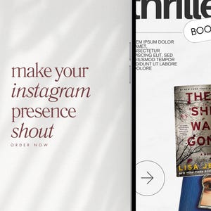 Puede incluir: Imagen promocional con el texto "make your instagram presence shout" en escritura burdeos. La imagen tambi&eacute;n presenta portadas de libros, incluyendo "Then She Was Gone" de Lisa Jewell, y la palabra "thriller".