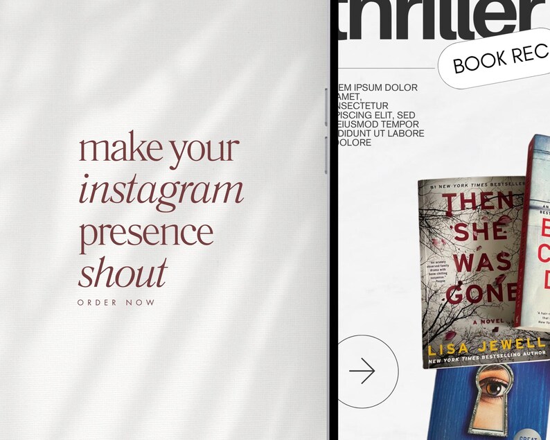 Puede incluir: Imagen promocional con el texto "make your instagram presence shout" en escritura burdeos. La imagen tambi&eacute;n presenta portadas de libros, incluyendo "Then She Was Gone" de Lisa Jewell, y la palabra "thriller".