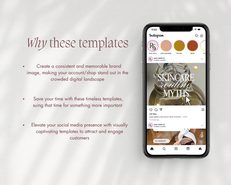 May include: A digital marketing template display on a smartphone screen showing an Instagram feed. The text reads Why these templates, Create a consistent and memorable brand image, Save your time, and Elevate your social media presence.