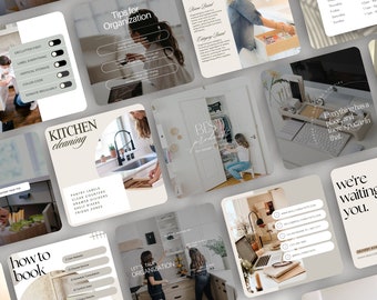 May include: A collection of social media graphics for a home organization business. The graphics feature images of a kitchen, a closet, and a desk, along with text that says "Tips for Organization", "Kitchen Cleaning", "Best Places for Closet Organization", "Everything has a place, and there's peace in that", "Let's Talk Organization", and "We're Waiting for You".