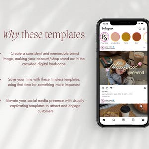 May include: A digital graphic displaying a smartphone screen showing an Instagram feed interface with a post featuring a person drinking coffee. The text 'Why these templates' is visible on the left, followed by three bullet points of text.