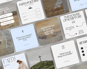 May include: A collection of square cards with inspirational quotes and religious themes. The cards feature text like "Faith-Focused Reminders," "The Power of Scripture," and "With God all things are possible." The color palette includes white, blue, and beige.