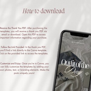 Op de afbeelding: Een smartphone-scherm met instructies over het downloaden van Canva-sjablonen. Het scherm toont een voorbeeld van een sjabloon met de tekst "Outfit of the Day" en een foto van kleding. De tekst "@YOURHANDLE" staat in de rechterbovenhoek van het scherm.