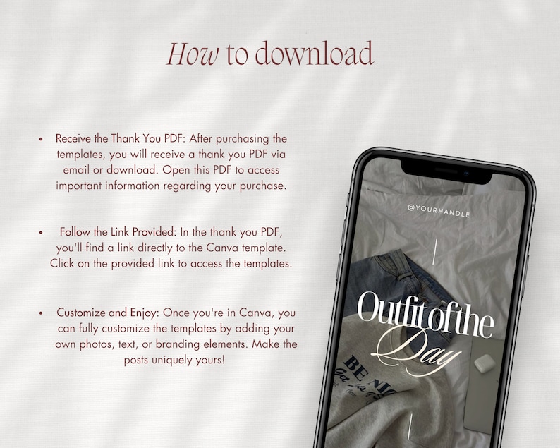 Op de afbeelding: Een smartphone-scherm met instructies over het downloaden van Canva-sjablonen. Het scherm toont een voorbeeld van een sjabloon met de tekst "Outfit of the Day" en een foto van kleding. De tekst "@YOURHANDLE" staat in de rechterbovenhoek van het scherm.