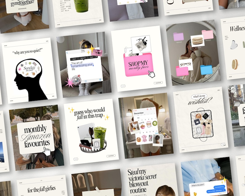 30+ Content Creator Instagram Post Templates for Canva in 1080px x 1350px vertical format. Editable templates in a trendy iOS core and scrapbook aesthetic for influencers, UGC creators, and social media managers. Includes portfolio layouts, content tips, and brand storytelling posts for cohesive, professional feeds.