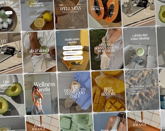 May include: A collection of lifestyle images with text overlays. The images showcase wellness themes, including food, drinks, and self-care advice. Text includes phrases such as "Wellness Myths," "Healthy Habits Checklist," and "Inner Balance."