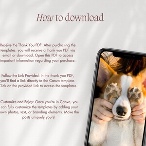 Puede incluir: Un tel&eacute;fono inteligente que muestra instrucciones sobre c&oacute;mo descargar y personalizar plantillas de Canva. El tel&eacute;fono muestra una foto de un perro con sus patas cubri&eacute;ndole los ojos.