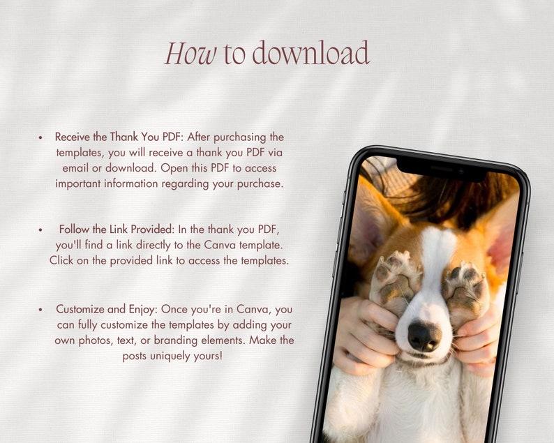 Puede incluir: Un tel&eacute;fono inteligente que muestra instrucciones sobre c&oacute;mo descargar y personalizar plantillas de Canva. El tel&eacute;fono muestra una foto de un perro con sus patas cubri&eacute;ndole los ojos.