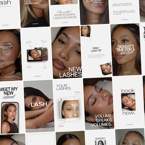 May include: A collection of social media templates featuring close-up photography of eyes with lash extensions, overlaid with white text including phrases like The Art of Lashes, Daily Lash Tip, and Book Now, designed for beauty business marketing.