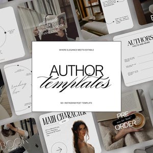 May include: A collection of Instagram post templates for authors, featuring a central square with the words "AUTHOR Templates" in elegant script. Surrounding the central image are various templates with text and graphics related to reading and writing.