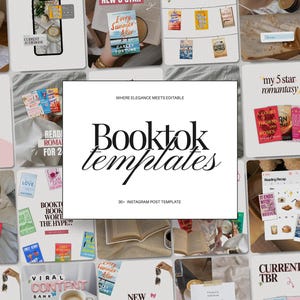 Puede incluir: Una colección de plantillas de publicaciones de Instagram con temática de libros. La imagen central presenta el texto "Booktok templates" en una fuente elegante. Las imágenes circundantes muestran portadas de libros y contenido relacionado, con una paleta de colores suave y neutra.