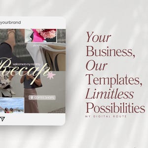 May include: A social media post mockup with the text "Recap" in a decorative font. The post includes a collage of images and the text "Your Business, Our Templates, Limitless Possibilities."