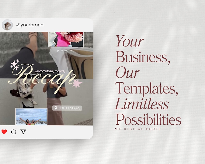 May include: A social media post mockup with the text "Recap" in a decorative font. The post includes a collage of images and the text "Your Business, Our Templates, Limitless Possibilities."