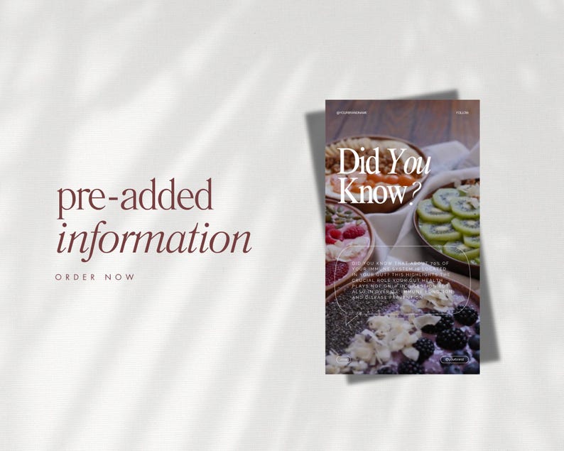 May include: A promotional image with the text "pre-added information" in a burgundy font. A second image shows a bowl of food with the text "Did You Know?" and additional text about gut health.