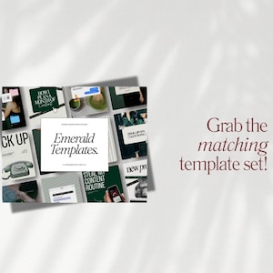Puede incluir: Una colecci&oacute;n de plantillas digitales con el texto "Emerald Templates" en una fuente moderna. Las plantillas se muestran sobre un fondo blanco con un efecto de sombra, y la frase "Grab the matching template set!" est&aacute; escrita en color burdeos.