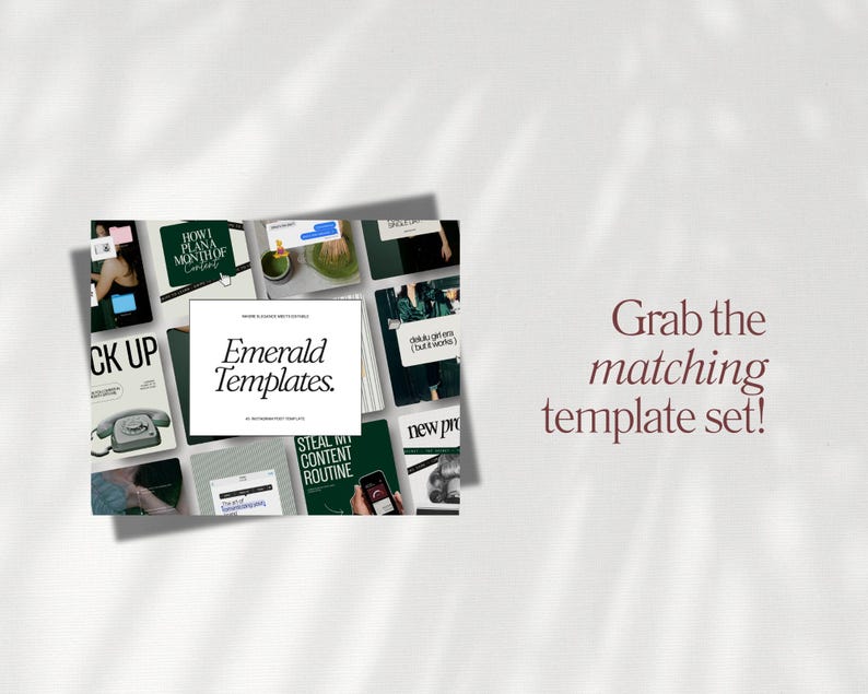 Puede incluir: Una colecci&oacute;n de plantillas digitales con el texto "Emerald Templates" en una fuente moderna. Las plantillas se muestran sobre un fondo blanco con un efecto de sombra, y la frase "Grab the matching template set!" est&aacute; escrita en color burdeos.