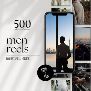May include: A digital screen displaying a collection of 500 faceless men's reels for Instagram and TikTok. The screen shows a man in silhouette standing in front of a window with a city skyline view. The text "MRR + PLR" is visible in the lower left corner of the image.