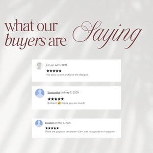 May include: A light beige background with the words "what our buyers are saying" in burgundy script. Below are three customer reviews with five-star ratings. The reviews are from Lim, Samantha, and Elizabeth.
