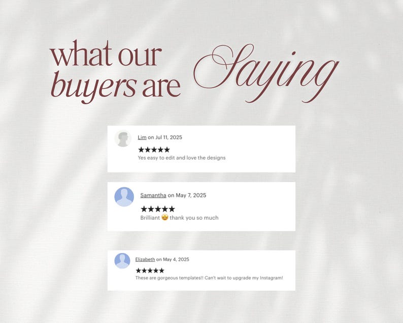 May include: A light beige background with the words "what our buyers are saying" in burgundy script. Below are three customer reviews with five-star ratings. The reviews are from Lim, Samantha, and Elizabeth.