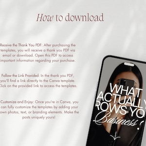 May include: A smartphone displays the text "WHAT ACTUALLY GROWS YOUR BUSINESS!" in white script. The phone is held by a person. The image also includes instructions on how to download templates.